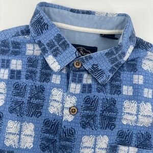 Nat Nast Button Up Shirt Mens Medium Blue Silk Cotton Geometric Short Sleeve